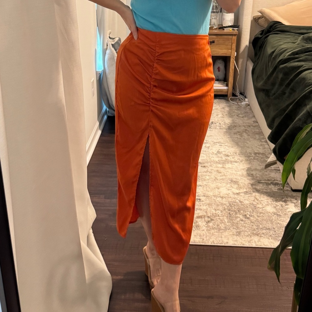 Elegant Burnt Orange Silky Midi Skirt High Slit